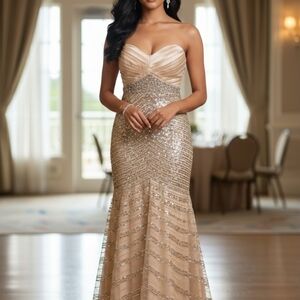 Mac Duggal Strapless Sequin Gown in Gold and Cream